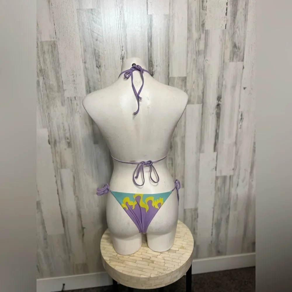 Purple Flame Graphic String Bikini Set Womens Size Small S 2 Piece Swimsuit Halt